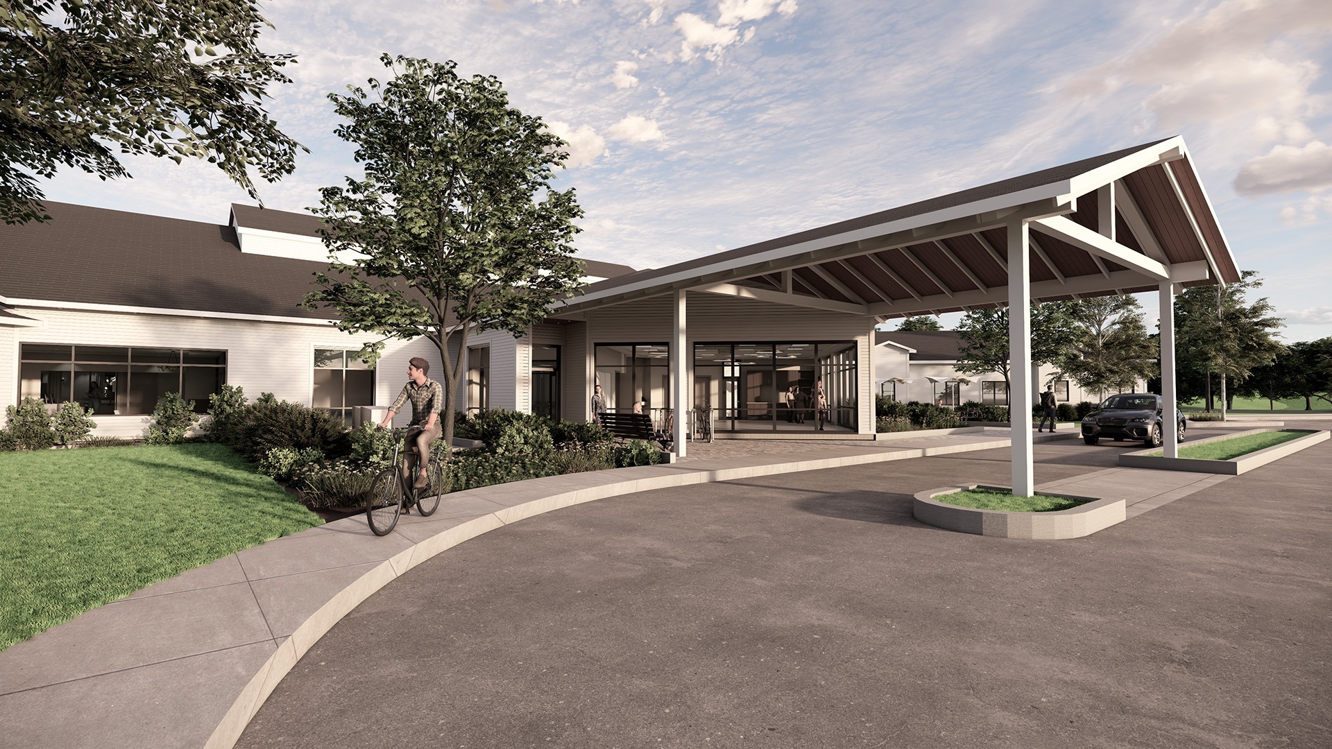Rendering of the new St. Anne Centre entrance with covered drop-off and landscaped approach