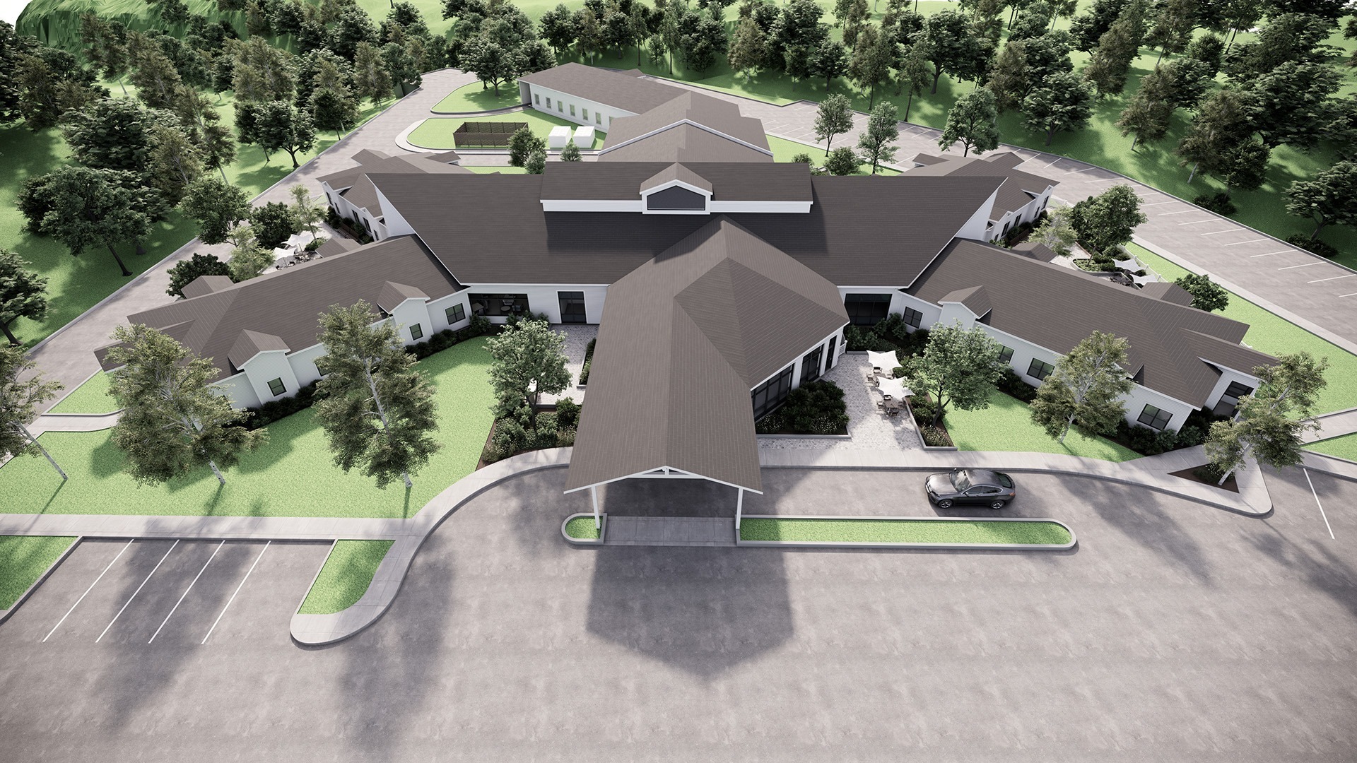 Aerial architectural rendering of the new care centre, showing the wings, courtyards and covered main entrance